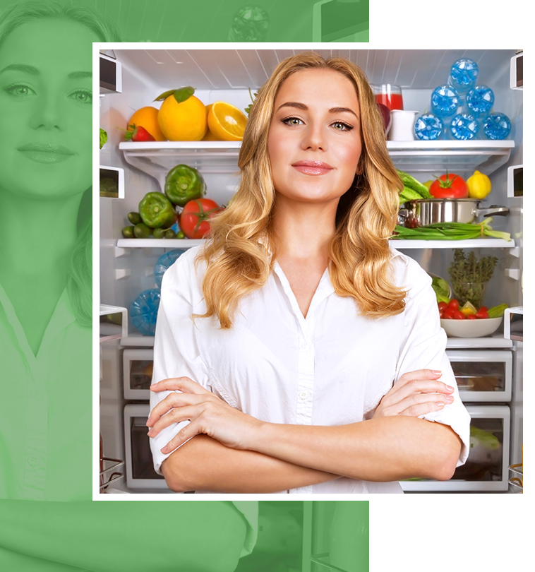 woman in front of fridge